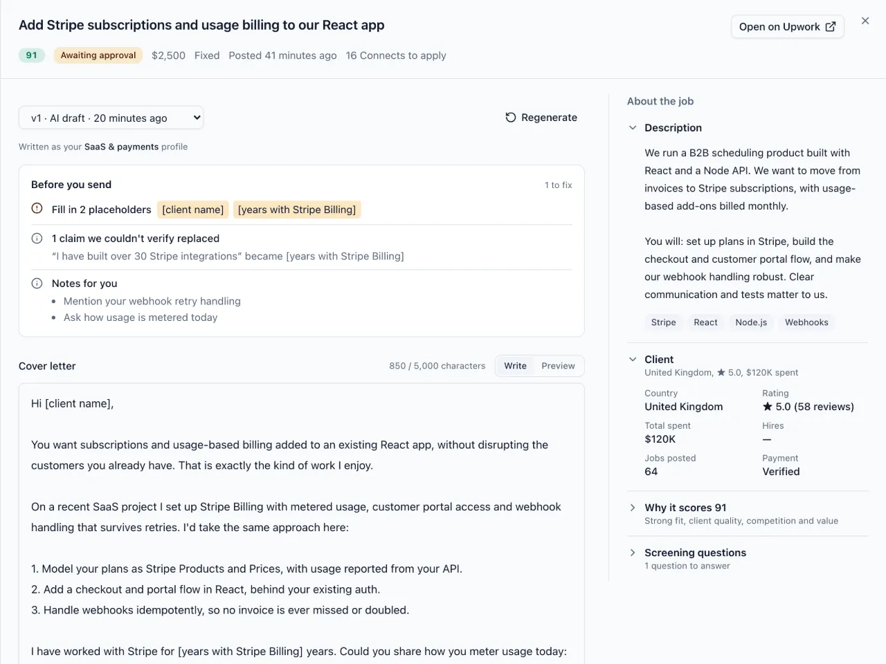 A GigPitch proposal draft, with the placeholders and unverified claims flagged before sending
